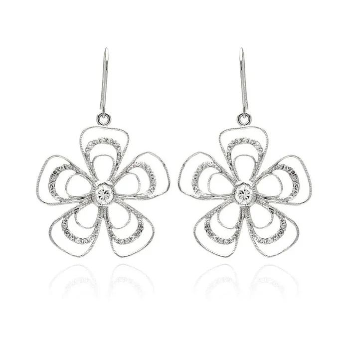 Clearance-Silver 925 Rhodium Plated Open Flower CZ Dangling Hook Earrings – BGE00232
