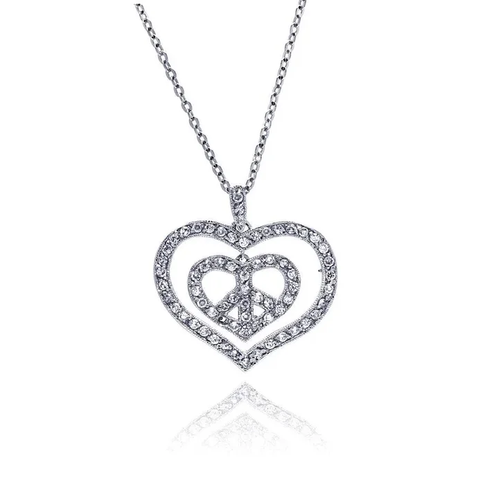 Clearance-Silver 925 Rhodium Plated Peace Double Heart Pendant Necklace with CZ – BGP00027
