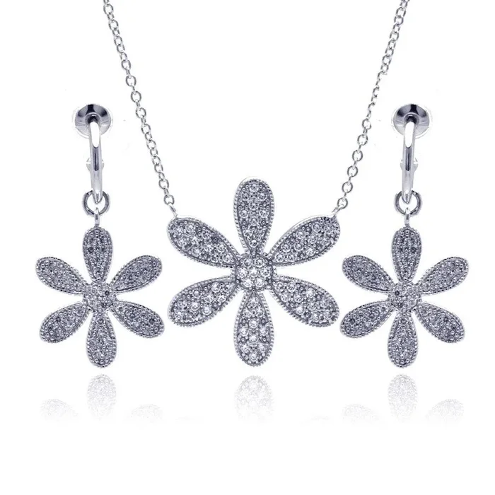 Clearance-Silver 925 Rhodium Plated Wide Wild Flower Clear Pave Set CZ Dangling Earring and Necklace Set – BGS00109