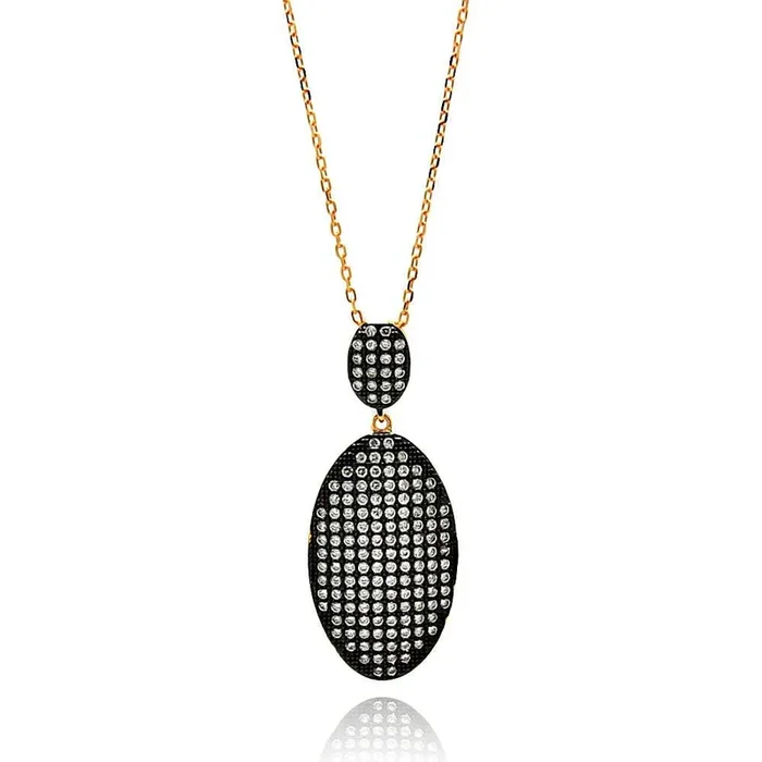 Clearance-Silver 925 Rose Gold and Black Plated Graduated Oval Black and Clear CZ Necklace – BGP00607