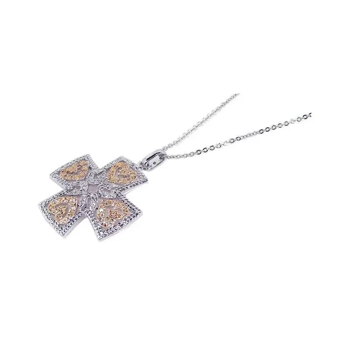 Clearance-Silver 925 Yellow Clear CZ Rhodium Gold Plated Cross Pendant Necklace – BGP00091