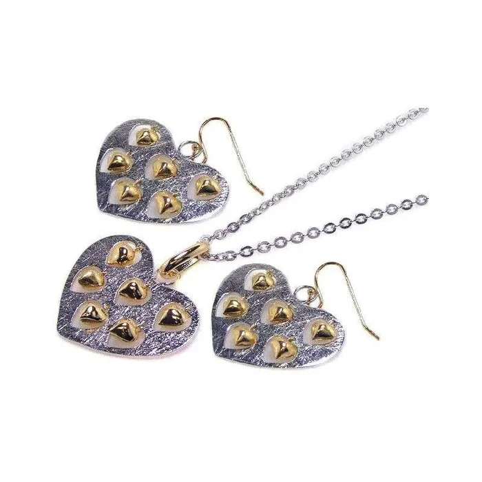 Clearance-Two-Tone 925 Sterling Silver Heart Necklace and Earrings Set with Mini Dangling Hearts – STS00072