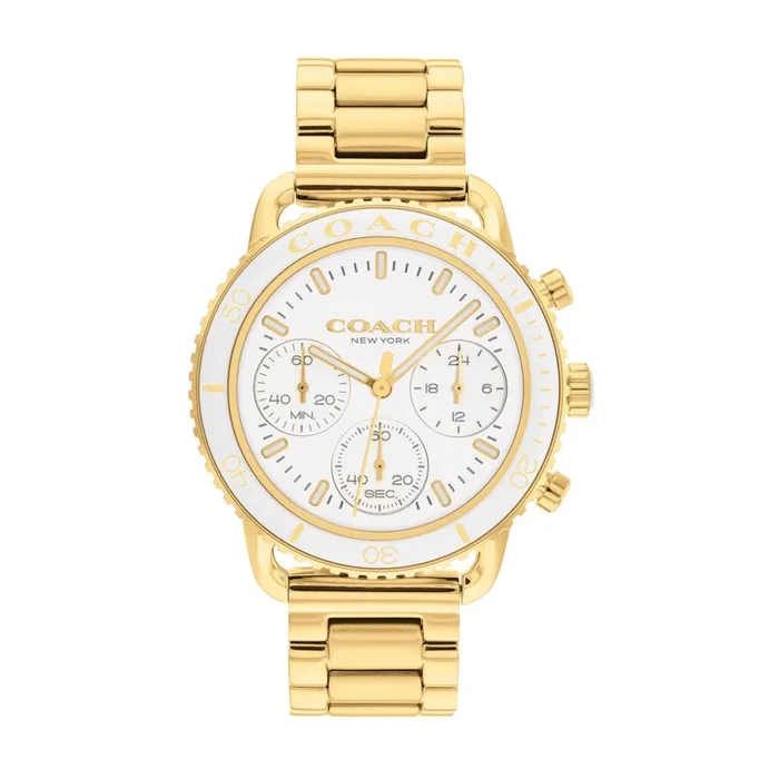 Coach Cruiser 37MM White Ceramic Bezel Goldtone Chronograph Watch. 14504051