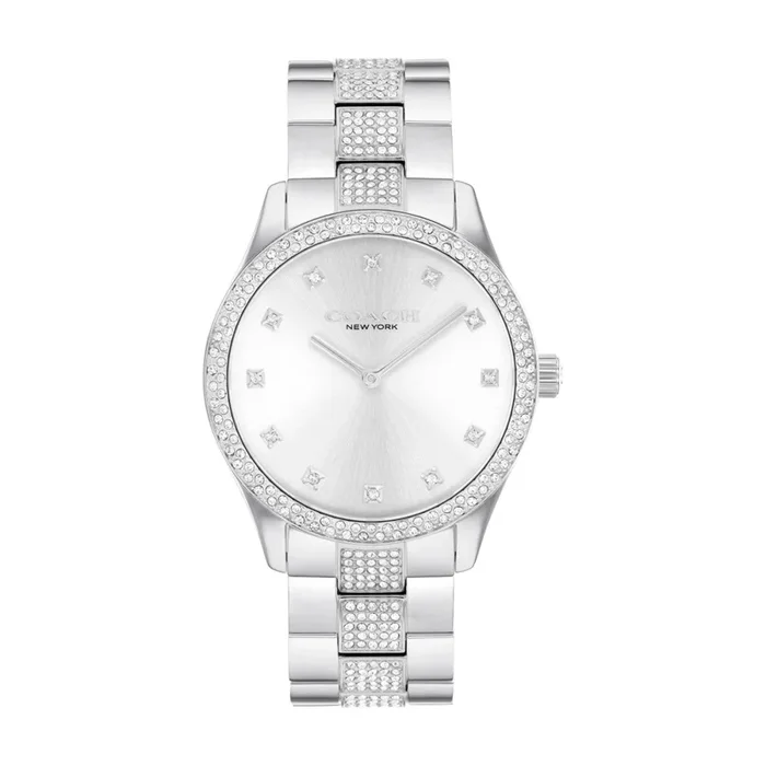 Coach with 38MM Silvertone Round Dial Stainless Steel Watch Band with Crystals. Brooks 14400033