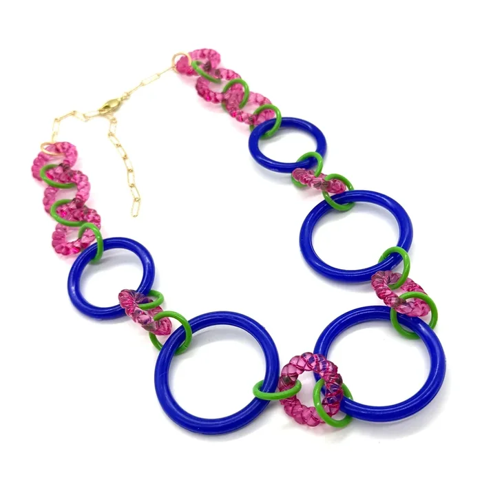 Cobalt & Hot Pink Spotted Link Chain Necklace