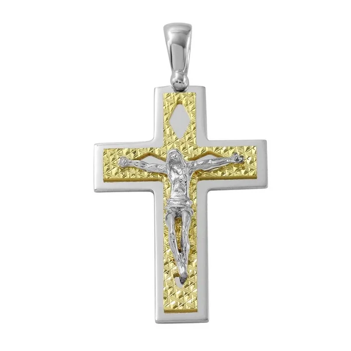 Colgante crucifijo bicolor de plata de ley 925 con baño de oro DC y diseño de rombos – ARP00012