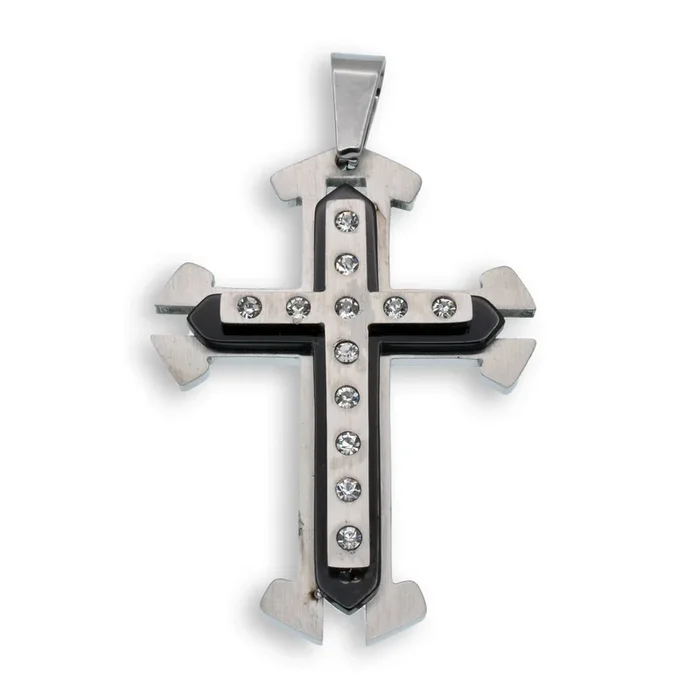 Colgante de acero inoxidable rodiado con cruz en capas y circonitas transparentes (32,4 mm x 44,8 mm) – SSP00116