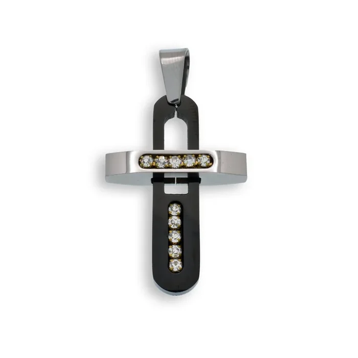 Colgante de cruz de acero inoxidable con baño de rodio y circonitas transparentes – SSP00111