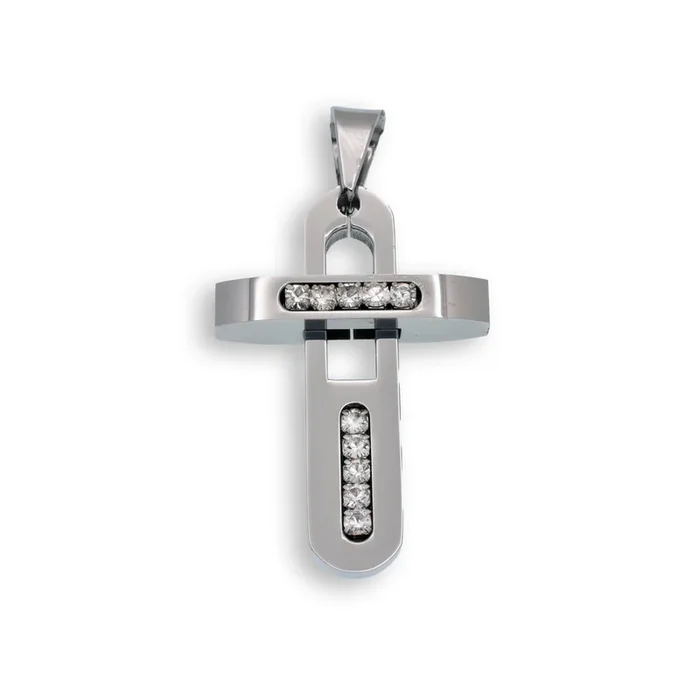 Colgante de cruz de acero inoxidable rodiado con circonita cúbica transparente – SSP00105