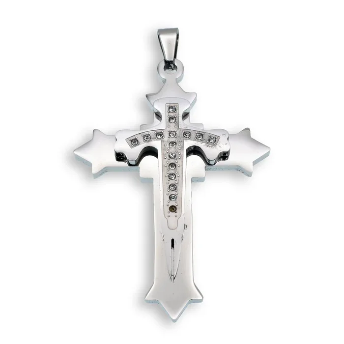 Colgante de cruz de acero inoxidable rodiado con circonitas cúbicas de doble capa – SSP00154