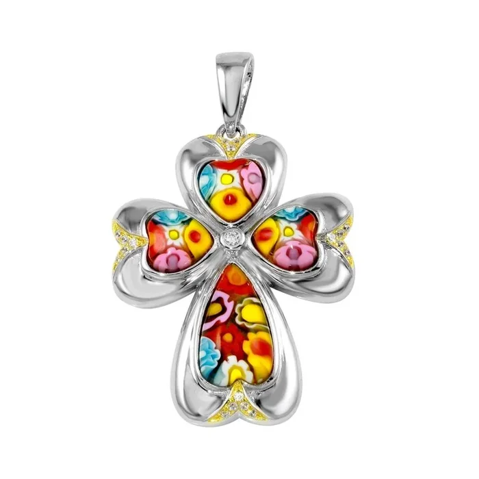 Colgante de cruz de cristal de Murano con circonitas cúbicas y flor de plata de ley 925 rodiada – MP00009