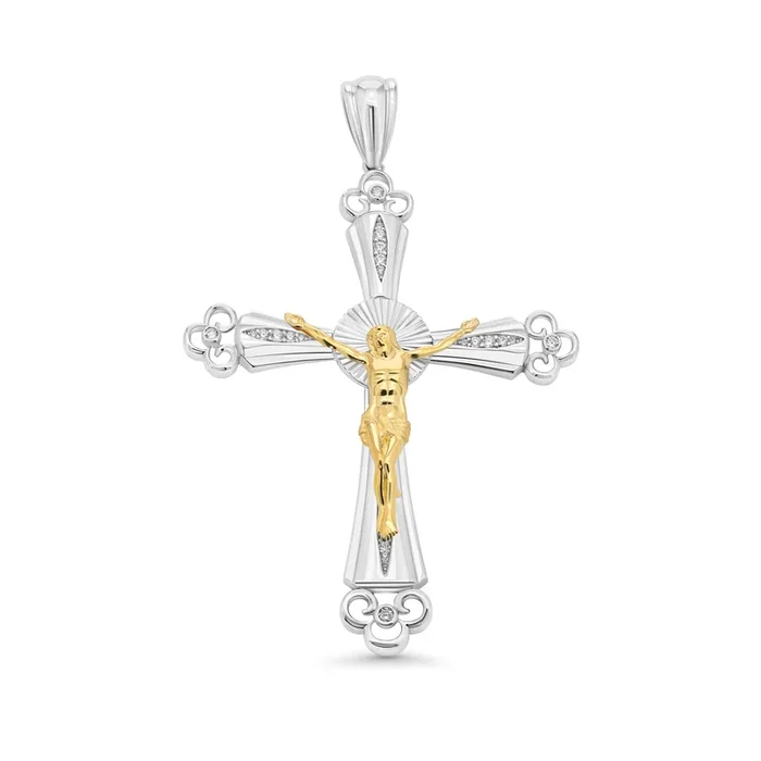 Colgante de cruz de Jesucristo con corte de diamante en plata de ley 925 bañada en dos tonos (74,5 mm x 98,6 mm) con circonitas transparentes – GMP00177RG