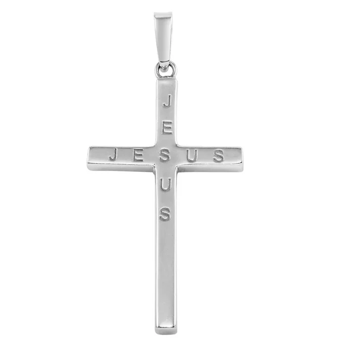 Colgante de cruz de Jesús grabada en plata de ley 925 rodiada – SOP00065