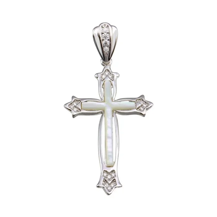 Colgante de cruz Fleury de plata de ley 925 rodiada con nácar y circonitas – GMP00025