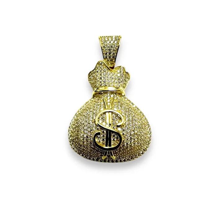 Colgante de hip hop con bolsa de dinero y circonita cúbica en plata de ley 925 bañada en oro – SLP00066GP.