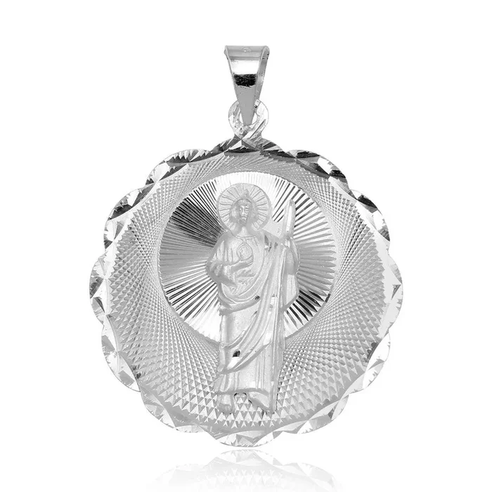 Colgante de medallón redondo de San Judas con borde ondulado en plata de ley 925 pulida – JCA098-5