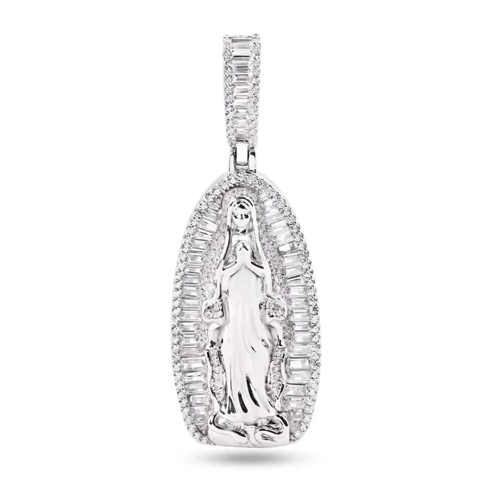 Colgante de Nuestra Señora de Guadalupe en plata de ley 925 rodiada con circonitas transparentes de 40 mm – SLP00385