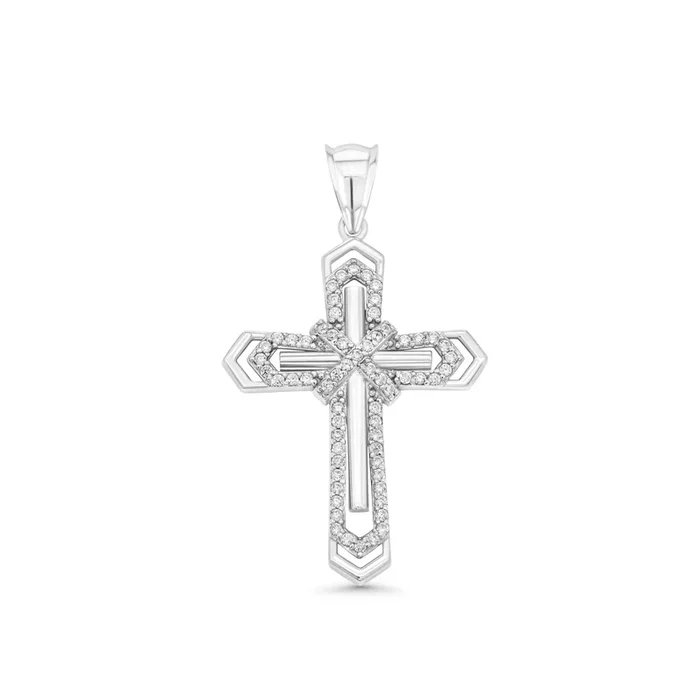 Colgante de plata de ley 925 rodiada con crucifijo en capas, borde de flecha y circonitas transparentes (21,5 mm x 29 mm) – GMP00182