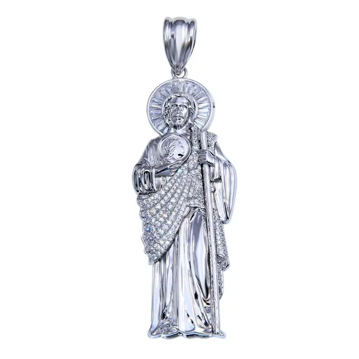 Colgante de San Judas Tadeo de plata de ley 925 rodiada con circonitas transparentes de 70 mm – GMP00085