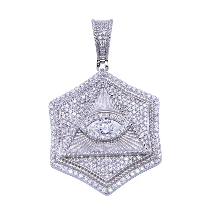 Colgante triangular con ojo de circonita cúbica en plata de ley 925 rodiada – SLP00332