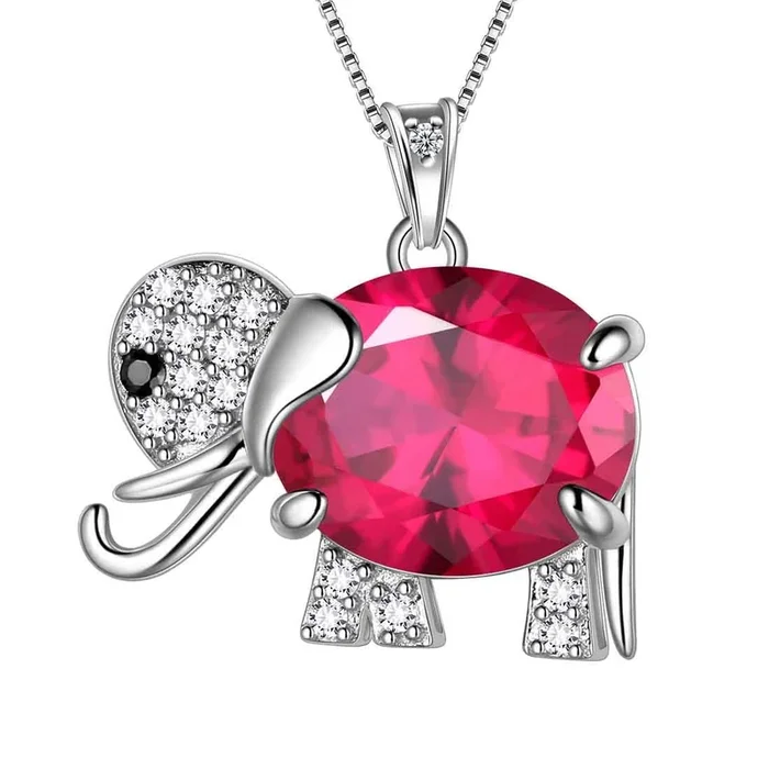 Collana con ciondolo a forma di rubino di luglio con pietra portafortuna di elefante, regalo di compleanno per gioielli da donna