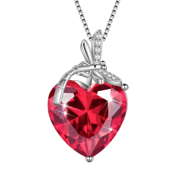 Collana con libellula a forma di cuore e pietra portafortuna di luglio, ciondolo in argento sterling 925 rosso rubino, gioielli da donna, regali per matrimonio, compleanno, Natale e festa della mamma