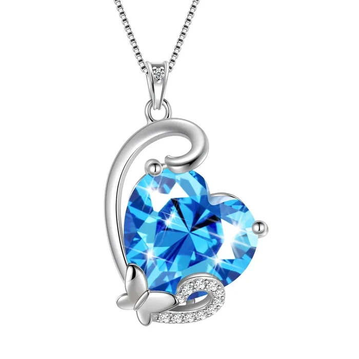 Collana con pietra portafortuna di marzo, ciondolo a forma di cuore con farfalla, acquamarina blu, gioielli in argento sterling 925, regalo per donne, compleanno, San Valentino