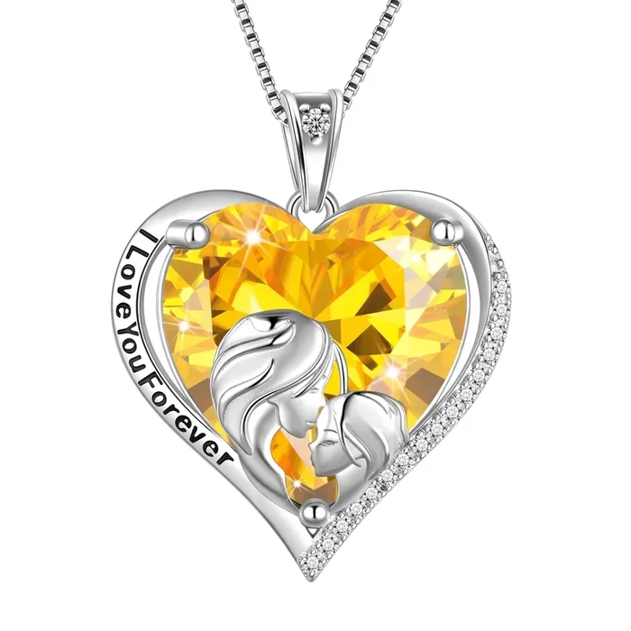 Collana per madre e figlia in argento sterling 925 con ciondolo a forma di cuore in citrino giallo, pietra portafortuna, regalo di compleanno per la festa della mamma di novembre, Natale, per le donne