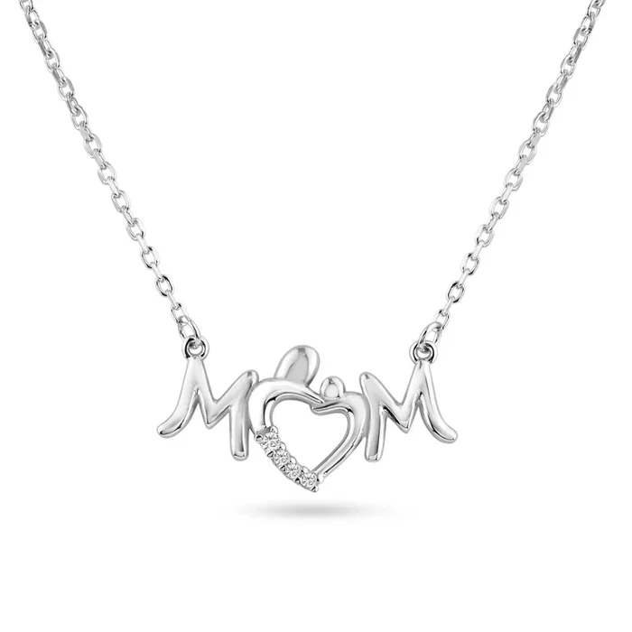 Collar con colgante de corazón de mamá en plata de ley 925 rodiada con circonitas transparentes – BGP01460