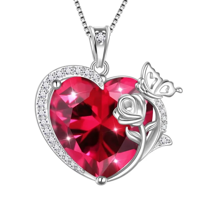 Collar con colgante de corazón de mariposa y rosa para mujer, piedra natal de julio, rubí, joyería de plata de ley 925, regalo para el Día de San Valentín.