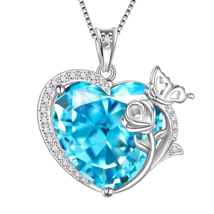 Collar con colgante de corazón de mariposa y rosa para mujer, piedra natal de marzo, aguamarina azul, joyería de plata de ley 925, regalo de cumpleaños para esposa y madre.