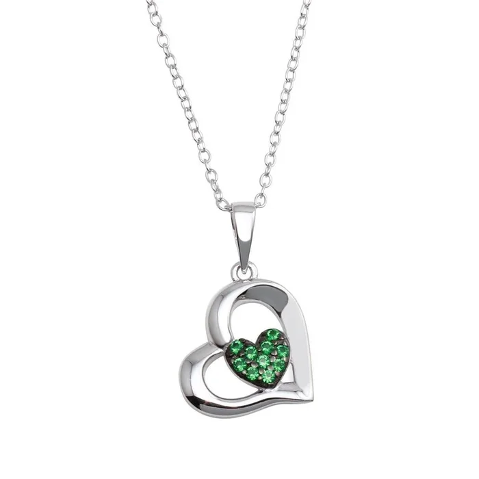 Collar con colgante de corazón de plata de ley 925 rodiada y circonita verde – BGP01292GRN
