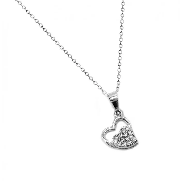 Collar con colgante de corazón pavimentado exterior e interior con circonita transparente chapada en rodio de plata 925 – BGP00941