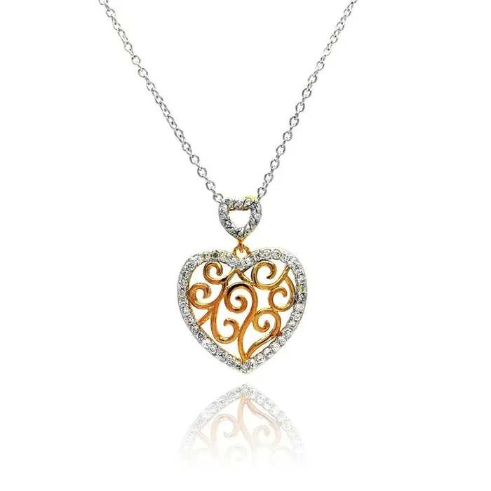Collar con colgante de corazón recortado con circonitas transparentes en plata 925 y baño de rodio – STP00380