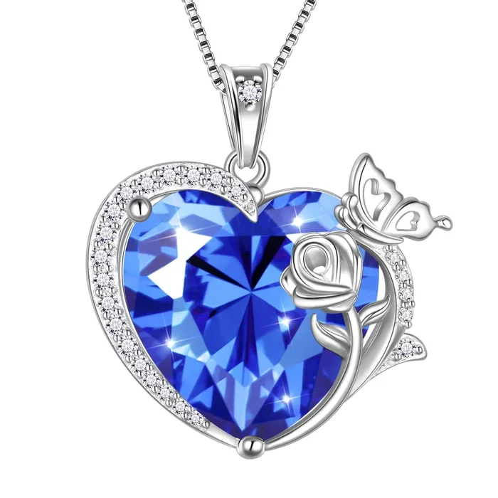 Collar con colgante de corazón y flor de rosa y mariposa para mujer, joyería azul tanzanita de diciembre, plata de ley 925, ideal como regalo de Navidad o San Valentín.