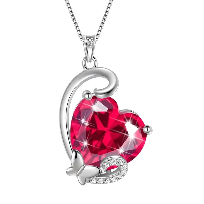 Collar con colgante de corazón y mariposa, piedra natal de julio, con rubí rojo, en plata de ley 925. Ideal como regalo para mujer, madre, cumpleaños o San Valentín.