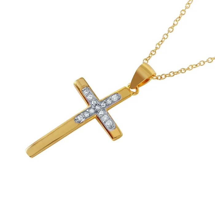 Collar con colgante de cruz chapado en oro con incrustaciones de circonita chapada en rodio de plata 925 – STP01494
