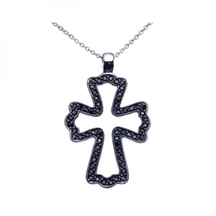 Collar con colgante de cruz de circonita negra y baño de rodio negro en plata 925 (Liquidación) – STP00936