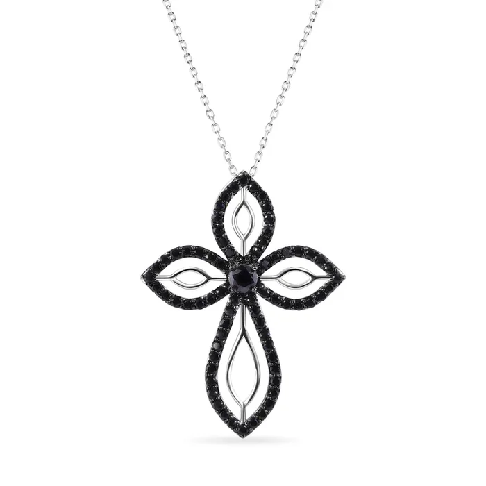 Collar con colgante de cruz de circonitas transparentes y negras bañado en rodio y plata 925 – STP00804