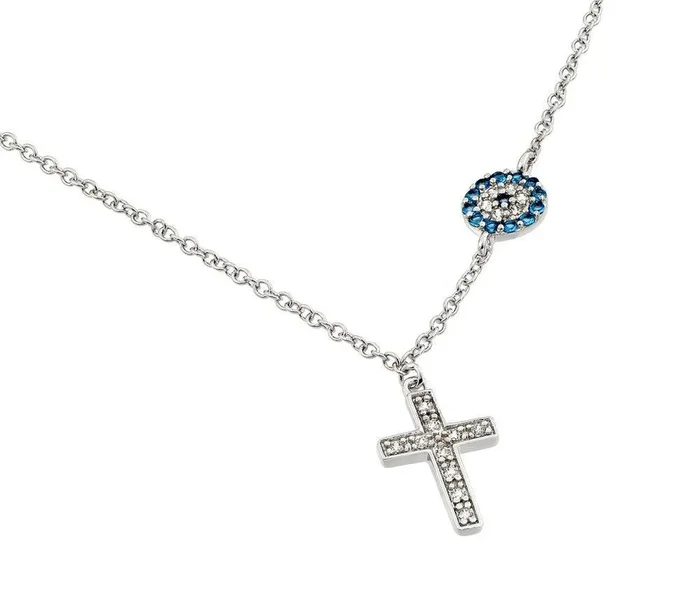Collar con colgante de cruz de piedra CZ transparente chapada en rodio de plata 925 con colgante de círculo de piedra CZ azul – BGP00844