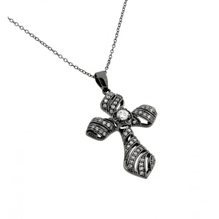 Collar con colgante de cruz de piedra CZ transparente chapado en rodio negro de plata 925 – BGP00859