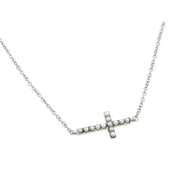Collar con colgante de cruz lateral con perlas bañadas en rodio en plata 925 – BGP00834