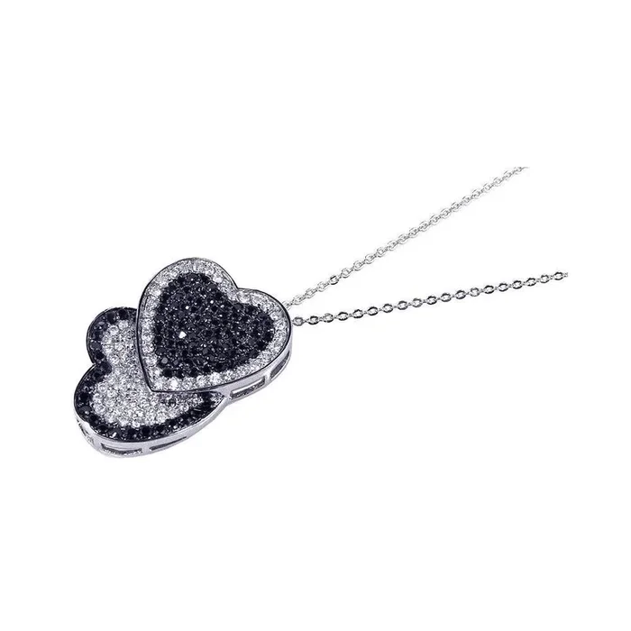 Collar con colgante de doble corazón en plata 925 con circonitas negras transparentes y baño de rodio – BGP00101