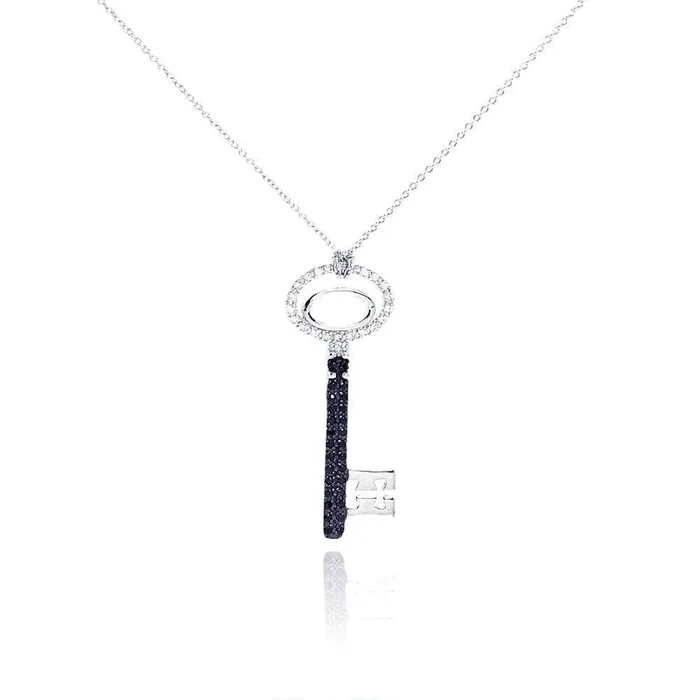 Collar con colgante de llave de plata 925 rodiada y rodiada negra con circonitas transparentes y negras – STP00995