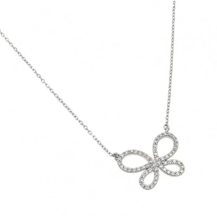 Collar con colgante de mariposa abierta con circonita transparente chapada en rodio de plata 925 – BGP01000
