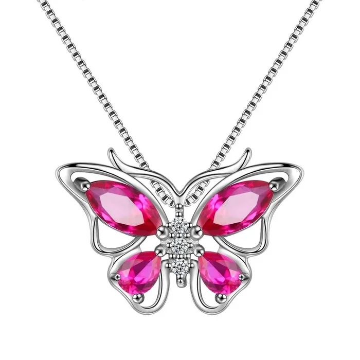 Collar con colgante de mariposa, piedra natal de julio, rubí, joyería para mujeres y niñas, regalo de cumpleaños