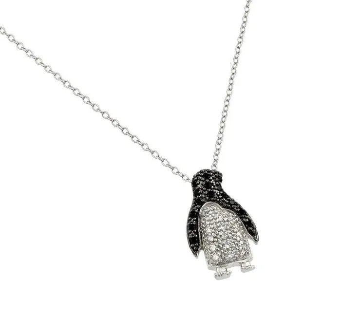Collar con colgante de pingüino de piedra CZ transparente y negra chapada en rodio de plata 925 – BGP00863