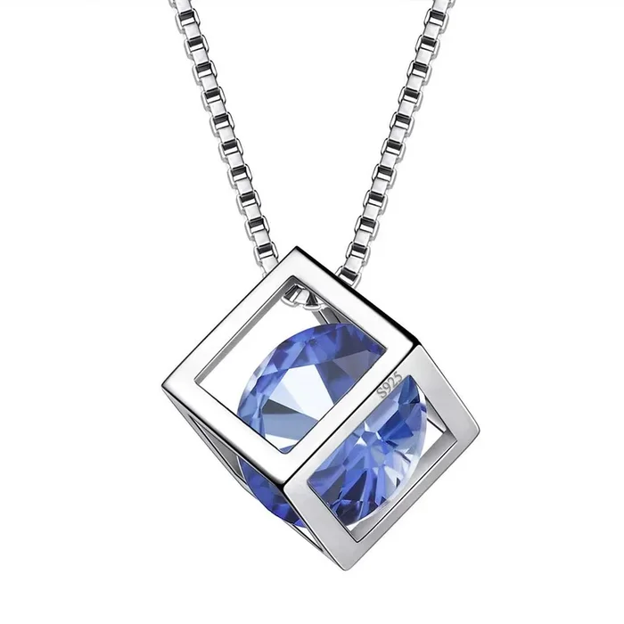 Collar con colgante de tanzanita con piedra natal de diciembre en forma de cubo 3D, joyería para mujeres y niñas, regalo de cumpleaños, plata de ley