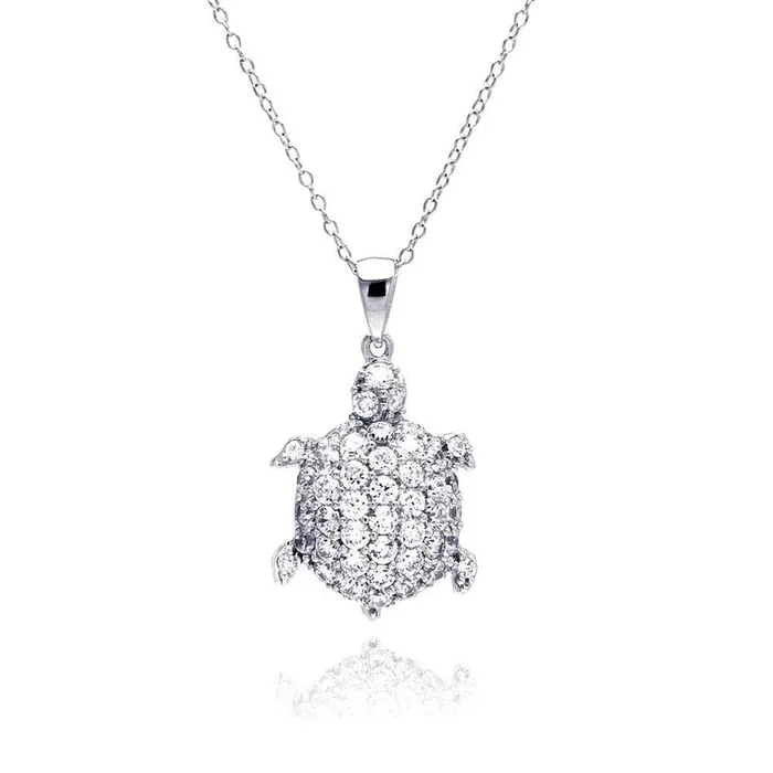 Collar con colgante de tortuga con circonita cúbica transparente bañada en rodio de plata 925 – STP01314