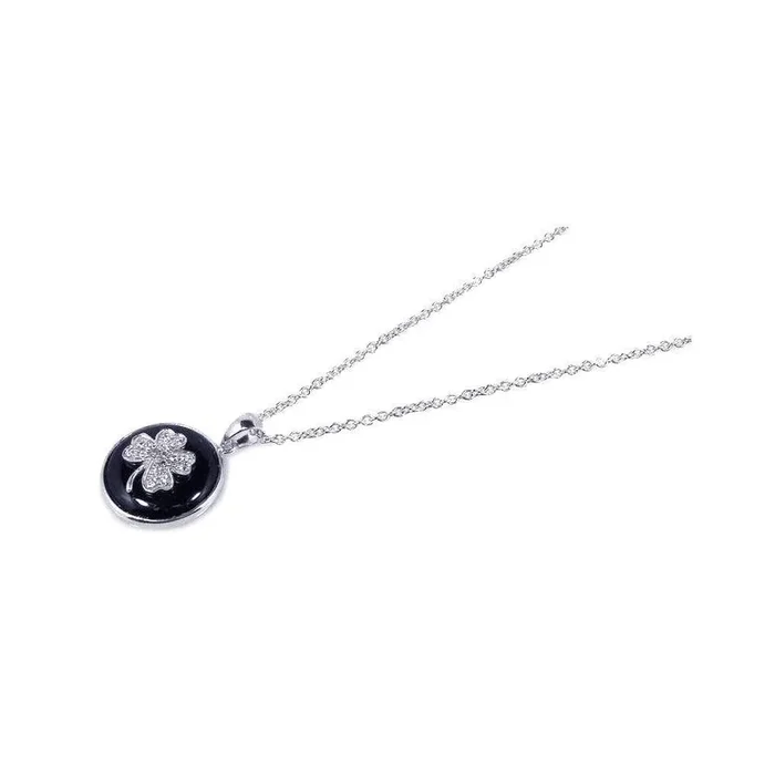 Collar con colgante de trébol de ónix en plata 925 rodiada (Liquidación) – STP00650
